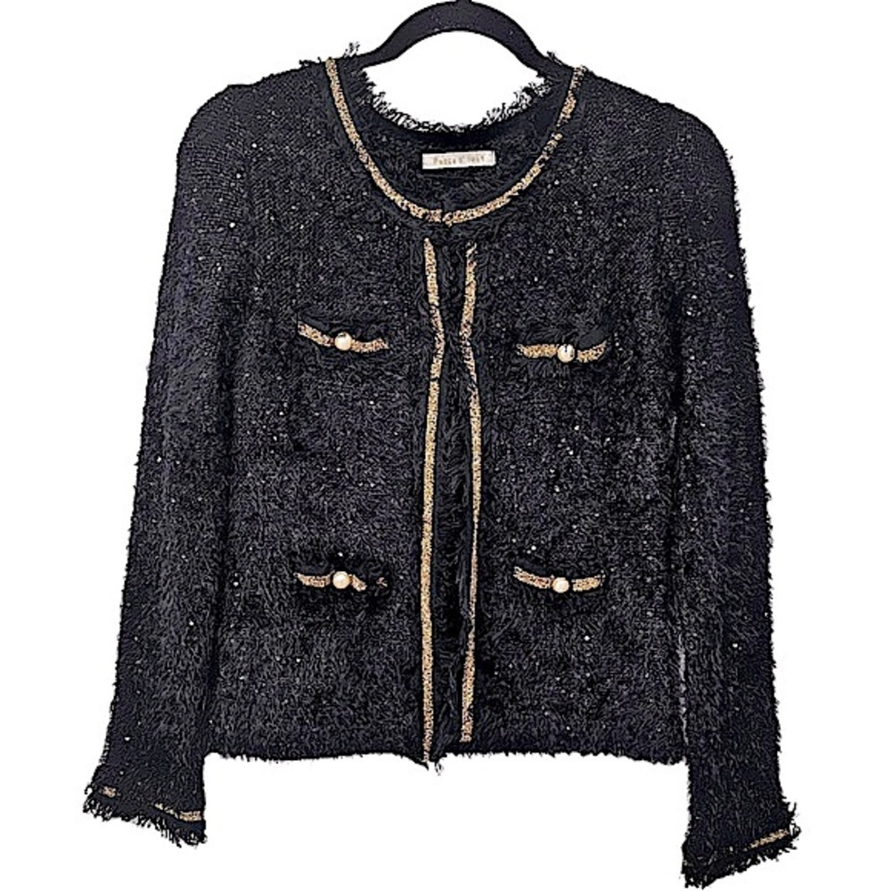 Peace N Love Designer Look Black Cardigan Sweater M Gold Trim Hook & Eye Closure